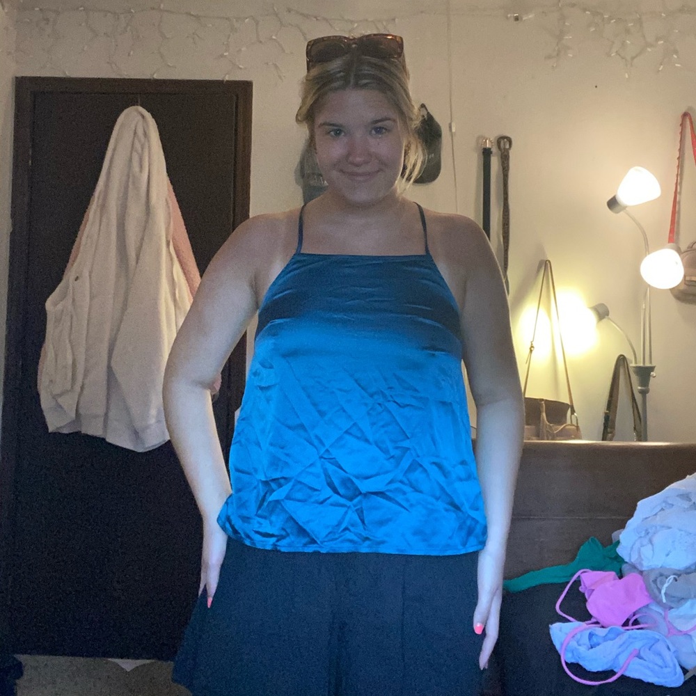 teal silky y-back tank